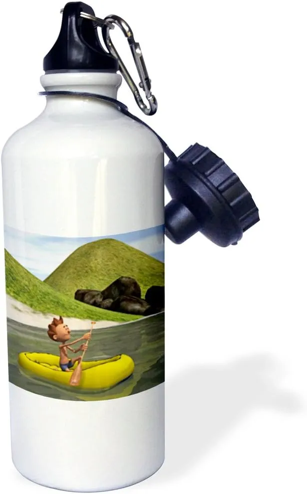 3dRose "Cartoon Man on Ocean Rowing Inflatable Raft" Sports Water Bottle, 21 oz, White