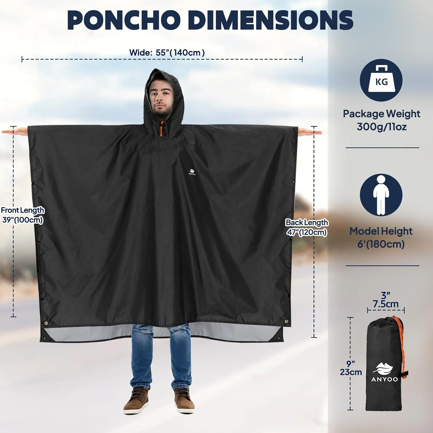 ANYOO Hooded Rain Poncho for Adults Waterproof Lightweight Rain Coat for Men Women Reusable Rain Jacket for Emergency Outdoor
