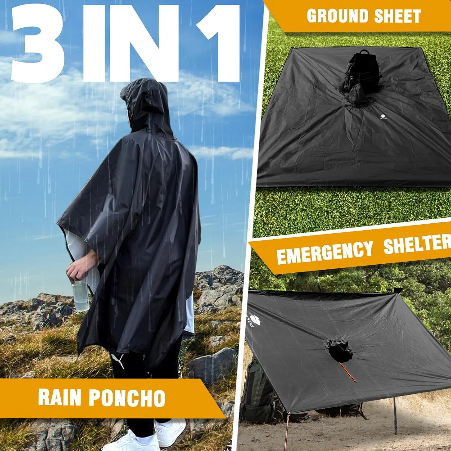 ANYOO Hooded Rain Poncho for Adults Waterproof Lightweight Rain Coat for Men Women Reusable Rain Jacket for Emergency Outdoor