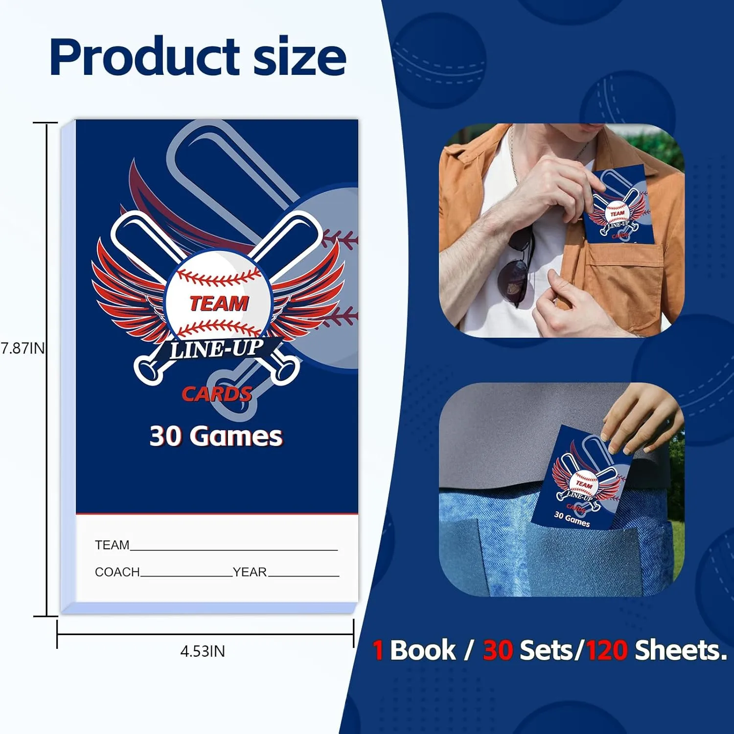Baseball Lineup Cards with 4-Part Carbonless Copies, 4.53 x 7.87 Inch 16 Player Roster Sheets for Games, Softball Line up Coaching Accessories for Coaches and Umpires