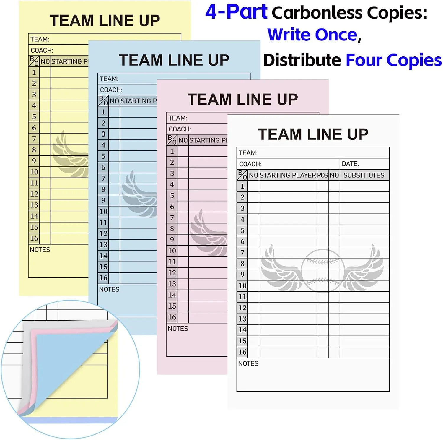 Baseball Lineup Cards with 4-Part Carbonless Copies, 4.53 x 7.87 Inch 16 Player Roster Sheets for Games, Softball Line up Coaching Accessories for Coaches and Umpires