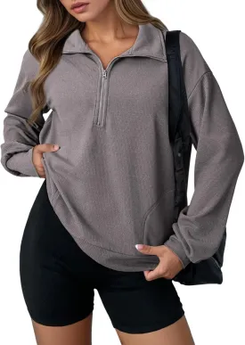 Dokotoo Womens Sweatshirt Waffle Knit Long Sleeve Lapel Half Zip Casual Sweatshits Loose Pullover Tops