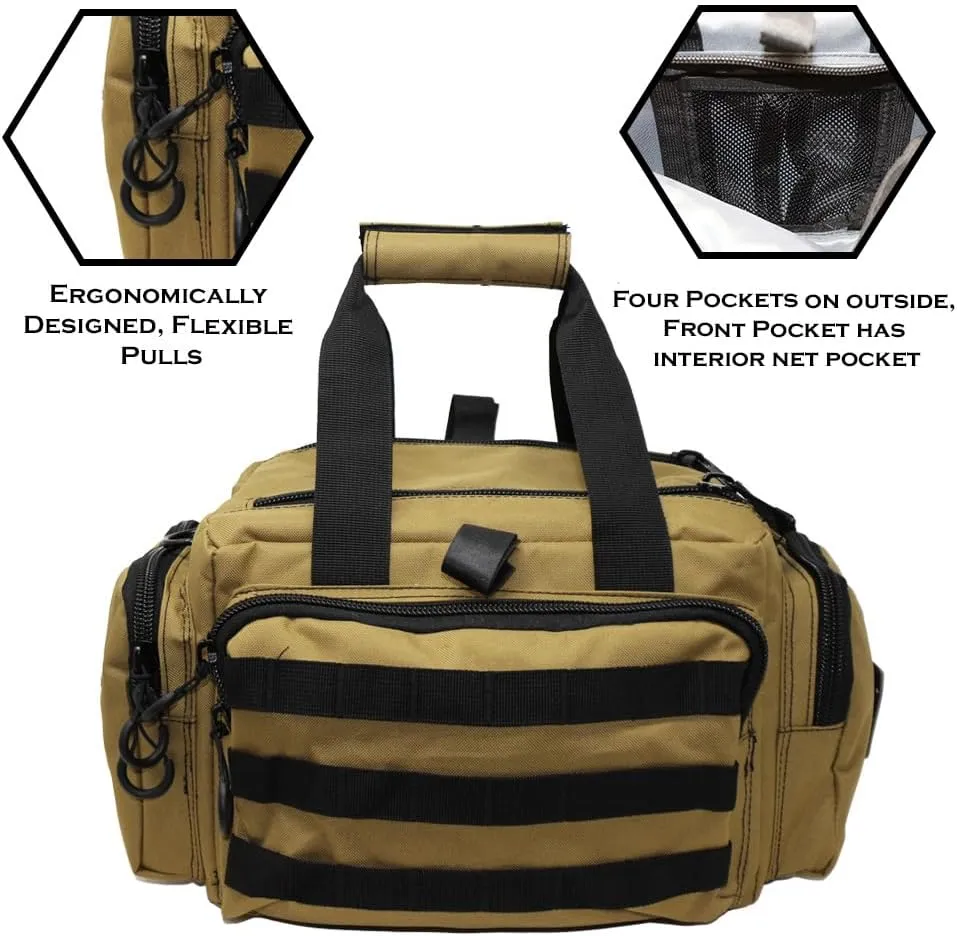 Exos Tactical Range Bag  Medium Size Range Bag for Shooting  Gun Case for Handguns, Ammo Bag, Tactical Range Bag, Molle Webbing, Free Subdued USA Patch, Designed in the USA