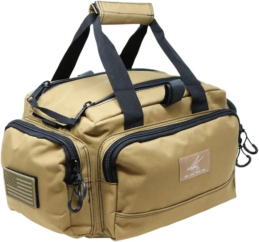 Exos Tactical Range Bag  Medium Size Range Bag for Shooting  Gun Case for Handguns, Ammo Bag, Tactical Range Bag, Molle Webbing, Free Subdued USA Patch, Designed in the USA