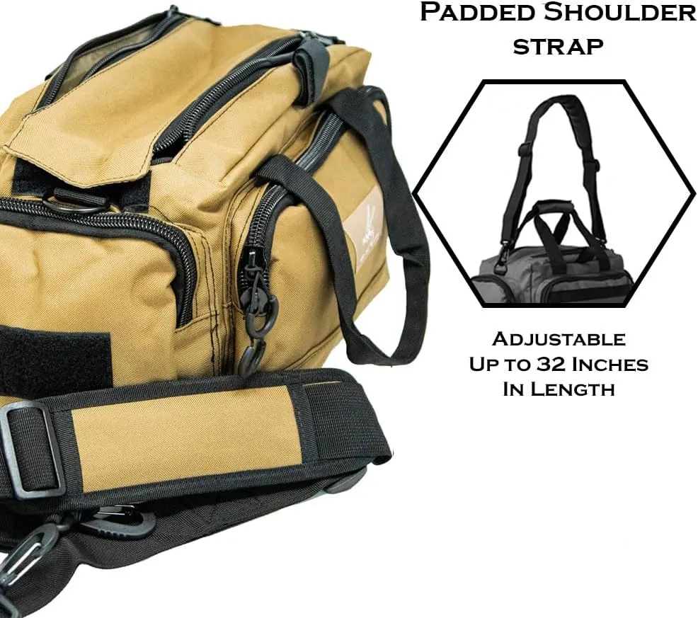 Exos Tactical Range Bag  Medium Size Range Bag for Shooting  Gun Case for Handguns, Ammo Bag, Tactical Range Bag, Molle Webbing, Free Subdued USA Patch, Designed in the USA