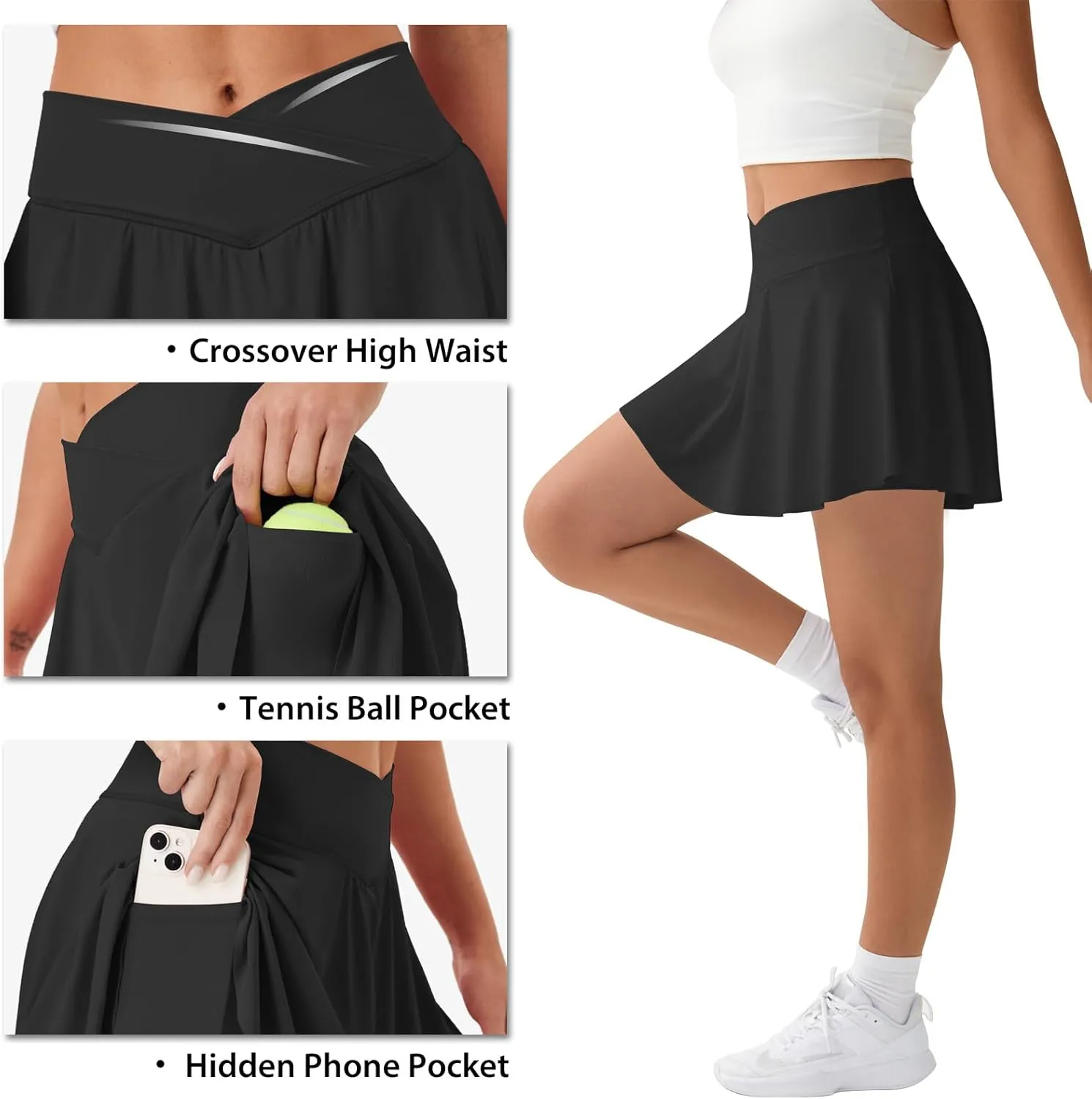FireSwan Tennis Skirt for Women with Pockets Shorts Crossover High Waisted Pleated Golf Skorts Athletic Workout Skirts
