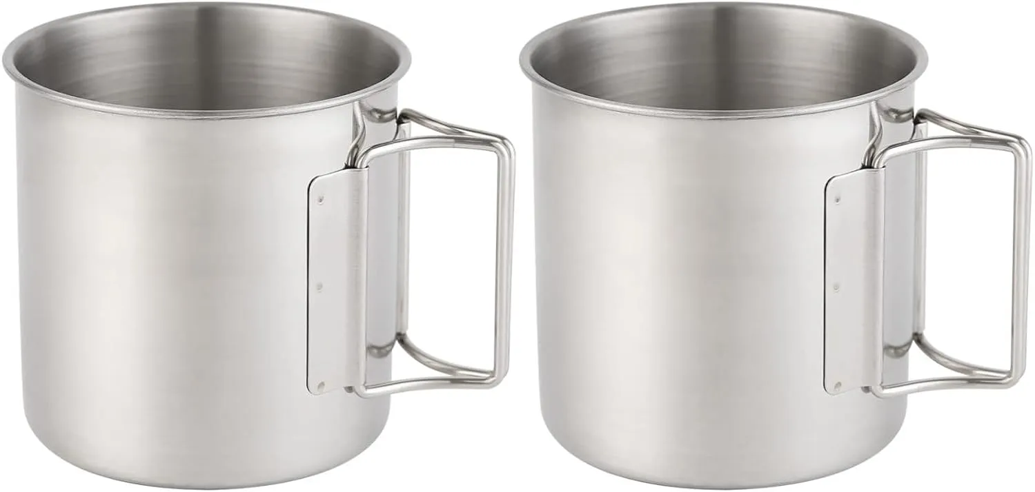 Hikaru Stainless Steel Camping Mugs Outdoors Cup with Foldable Handle 2 Piece Set 660ml/22.3oz Great for Backpacking , Hiking, Hunting, Fishing and Survival Adventure