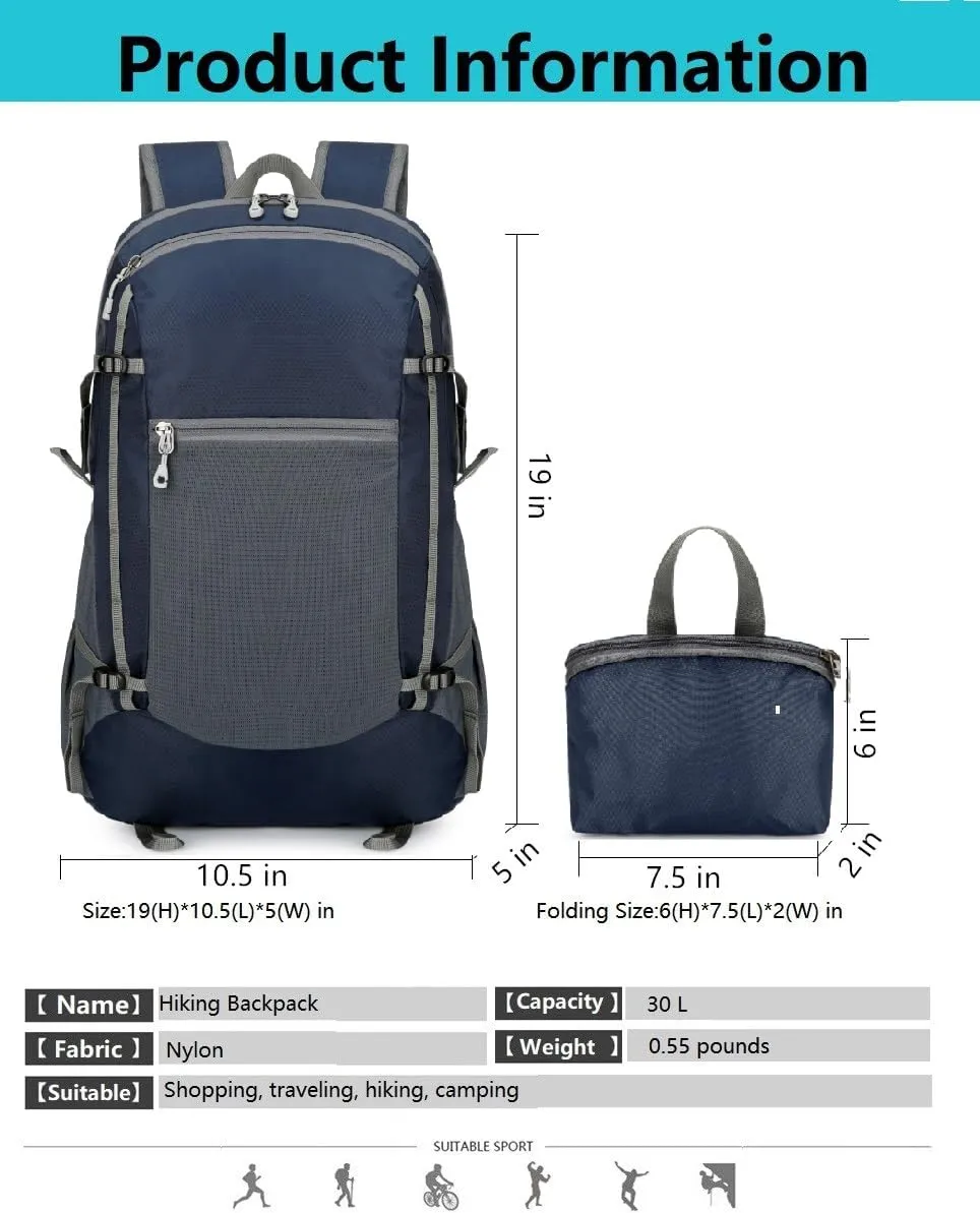 Hiking Backpack Daypack Lightweight Packable Travel Outdoor Camping Ultra Foldable Day Pack for Woman Man (Dark Blue, 30L)