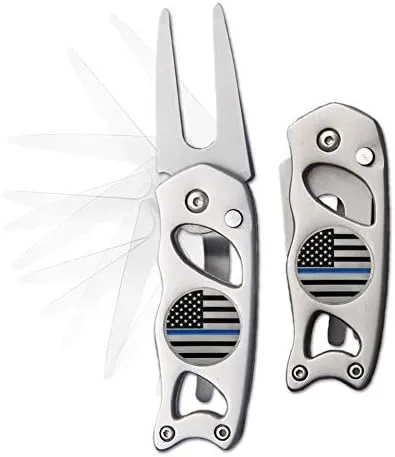 Indiana Metal Craft Thin Blue Line Switchblade Golf Divot Repair Tool Stainless Steel with 2 Removable Ball Markers