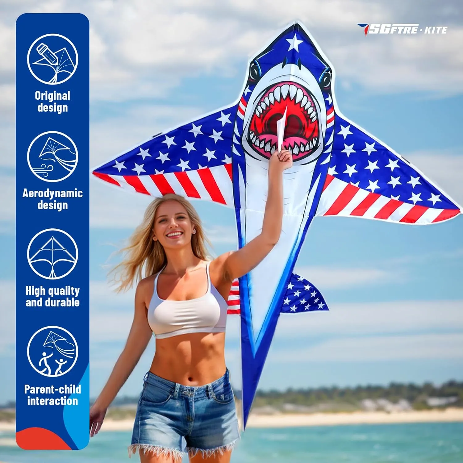 Large Flag Shark Kites for Kids & Adults, Easy to Fly with Beginner Kite for Boys & Girls for Outdoor Game,Kite for Outdoor Activities Family Parties and Beach Games (Flag Shark Red Blue)