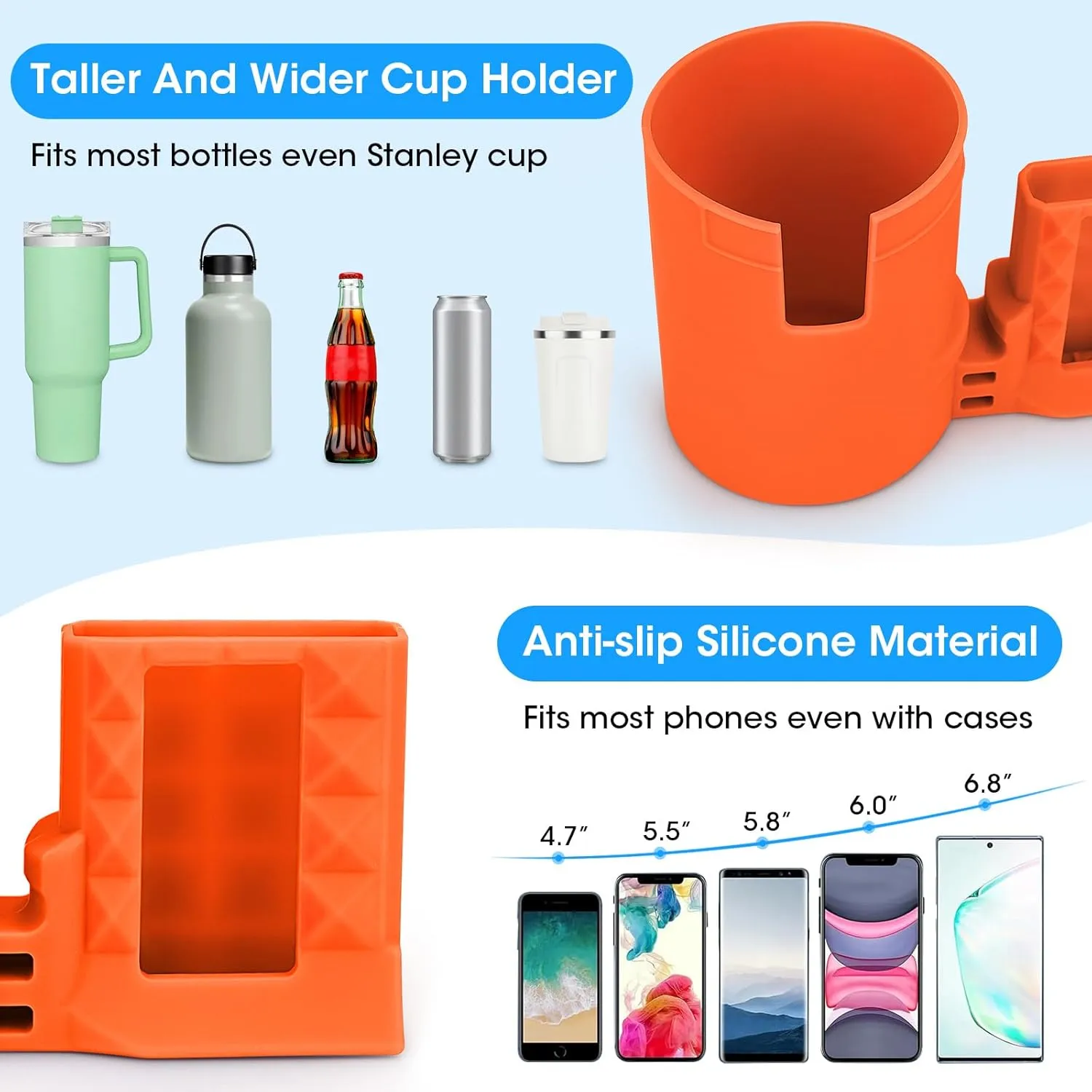 Large Paddle Board Cup Holder with Phone Holder Kayak Accessories,2 in 1 Non-Tipping Stand Up Paddleboard Drink Holder Multi-Functional Anti Spill,Silicone Sup Drink Holder Grip Boarding(Orange)