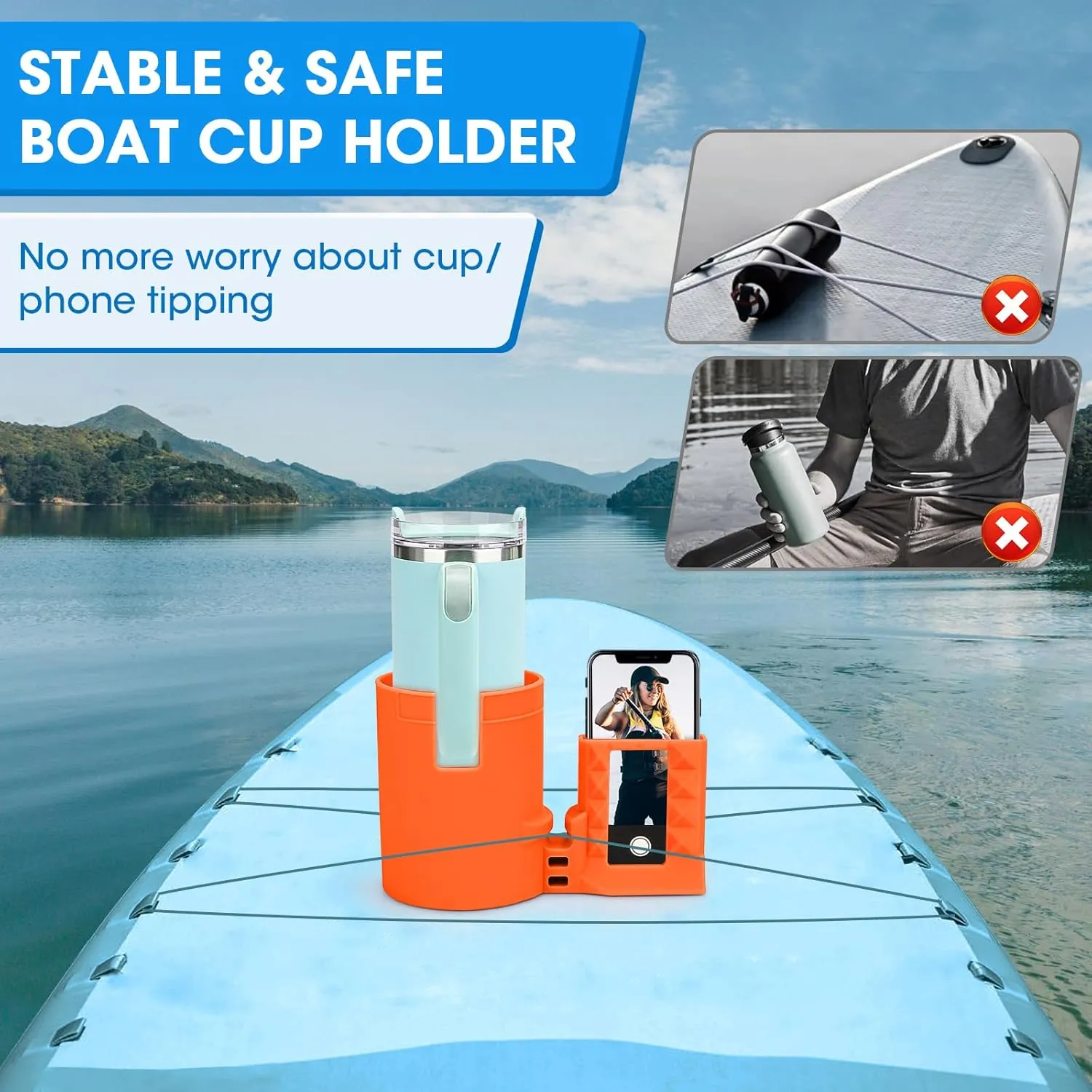 Large Paddle Board Cup Holder with Phone Holder Kayak Accessories,2 in 1 Non-Tipping Stand Up Paddleboard Drink Holder Multi-Functional Anti Spill,Silicone Sup Drink Holder Grip Boarding(Orange)