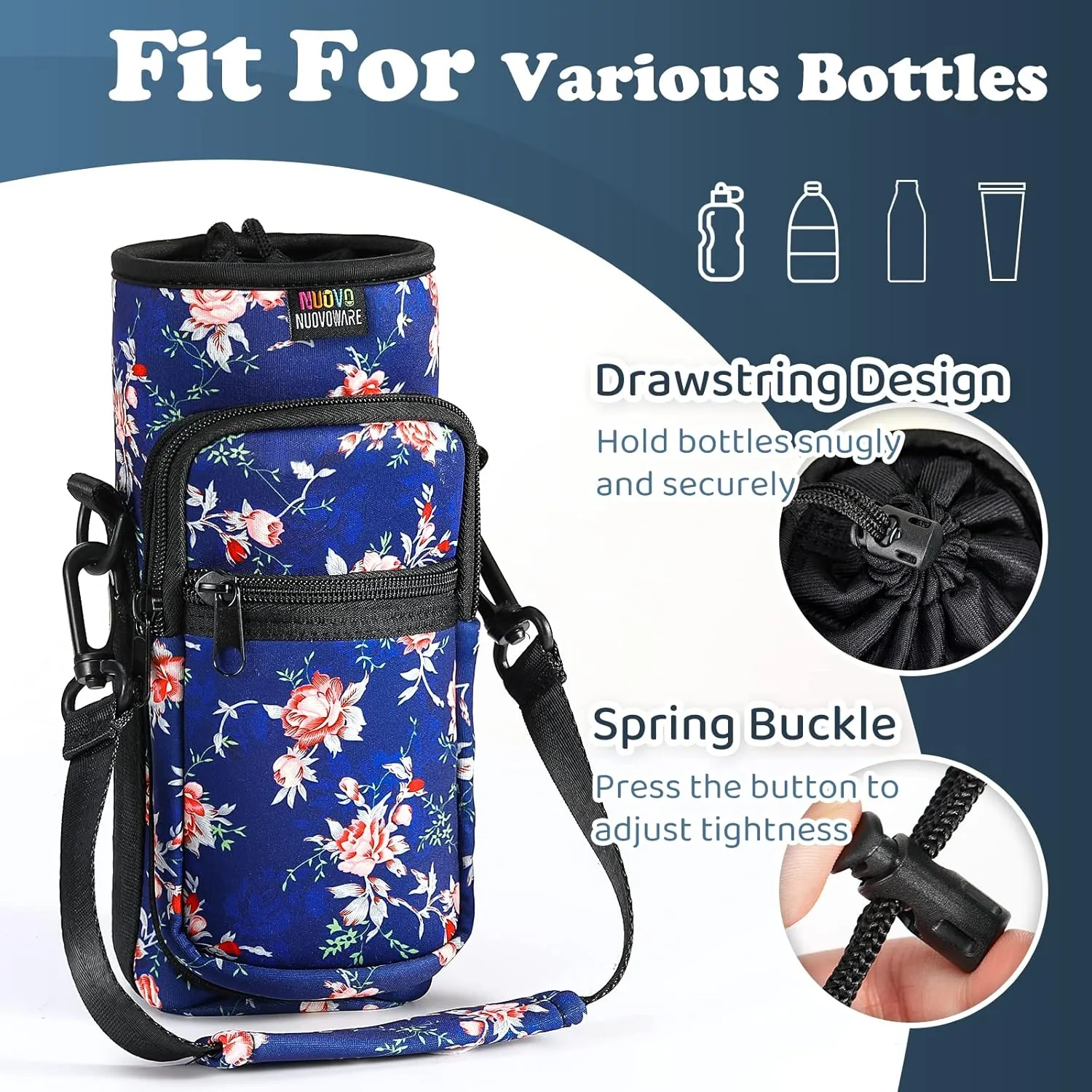 Nuovoware Water Bottle Carrier Bag,25oz/40oz/64oz Bottle Pouch Holder,Adjustable Shoulder Hand Strap 2 Pocket Sling Neoprene Sleeve Sports Accessories for Hiking Travelling Camping