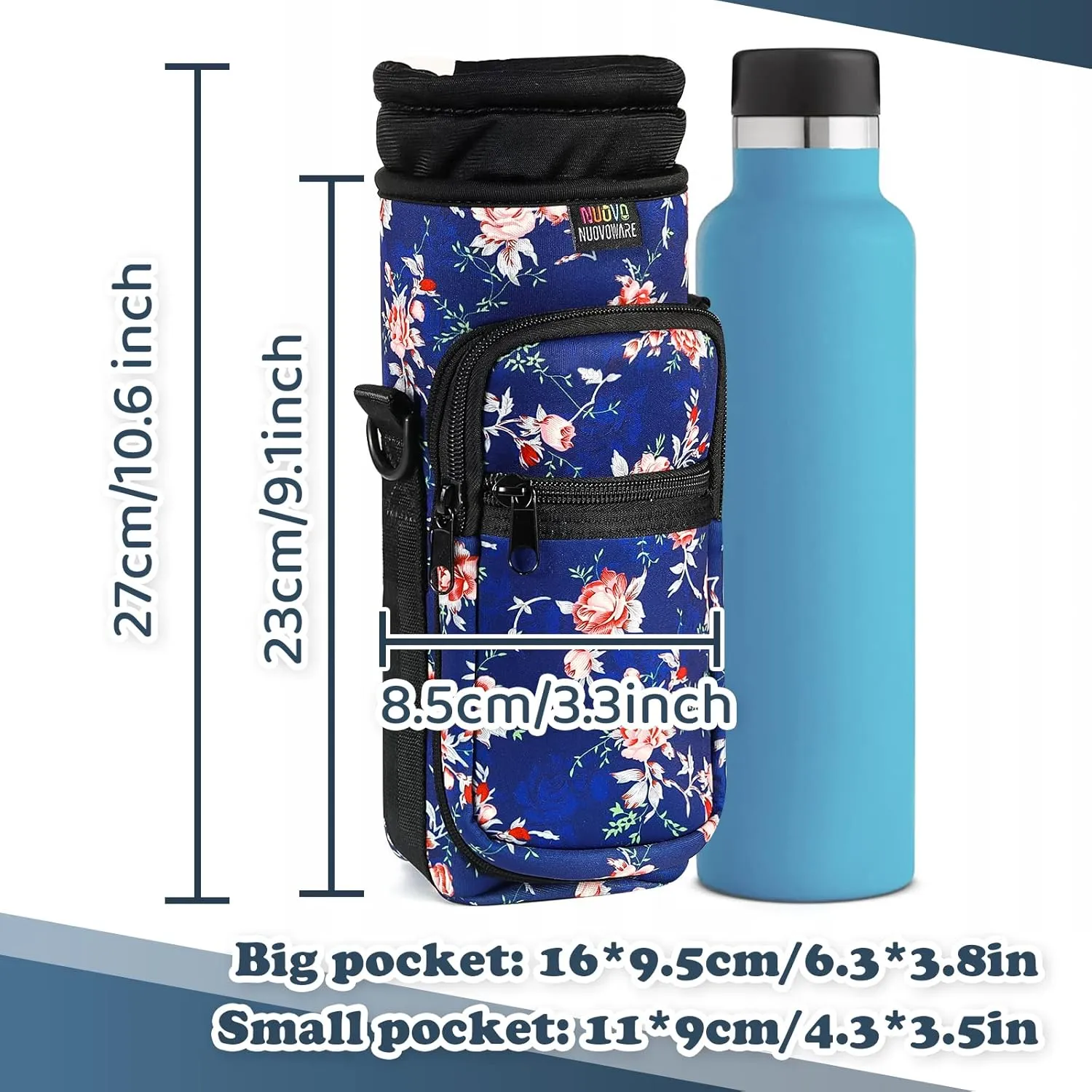 Nuovoware Water Bottle Carrier Bag,25oz/40oz/64oz Bottle Pouch Holder,Adjustable Shoulder Hand Strap 2 Pocket Sling Neoprene Sleeve Sports Accessories for Hiking Travelling Camping