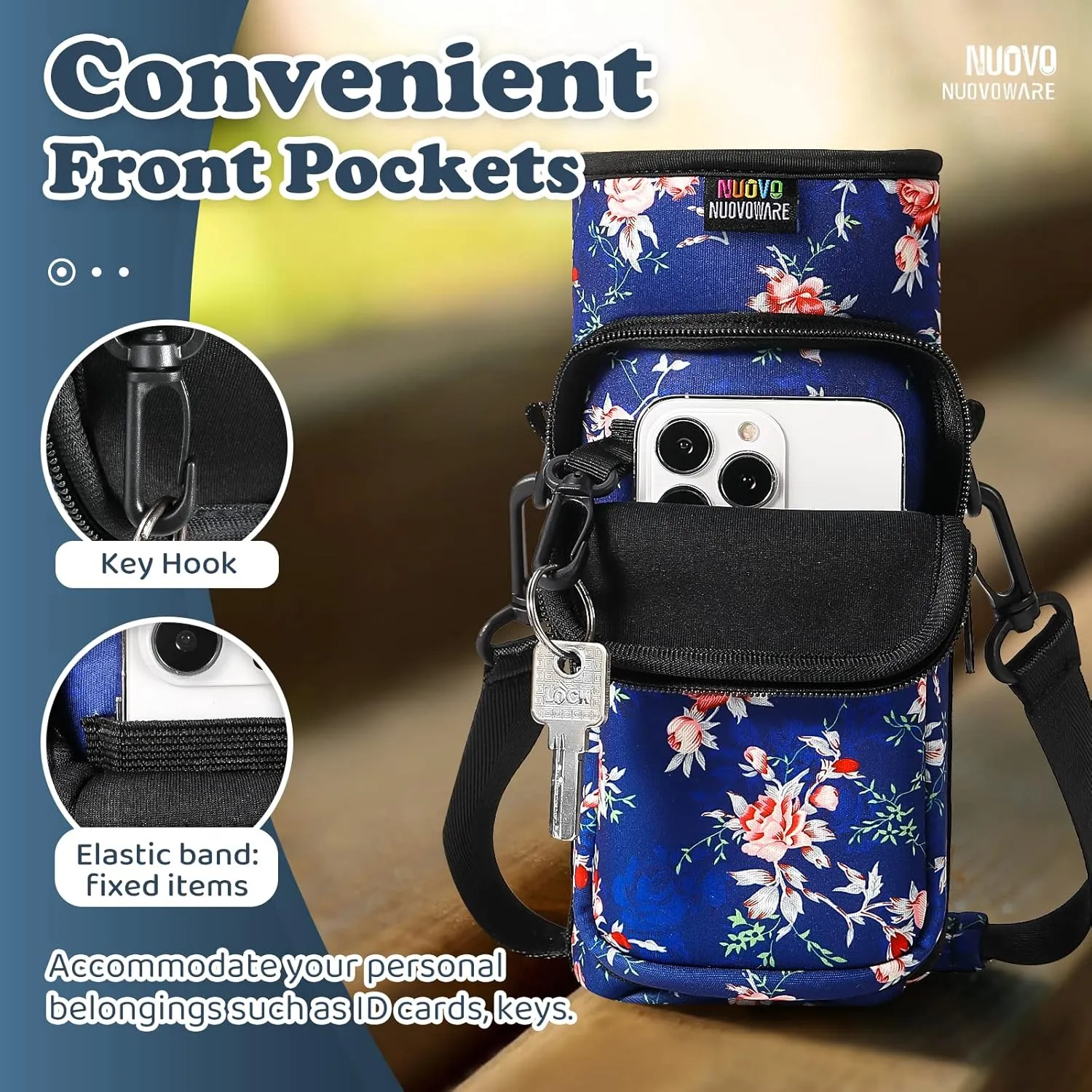 Nuovoware Water Bottle Carrier Bag,25oz/40oz/64oz Bottle Pouch Holder,Adjustable Shoulder Hand Strap 2 Pocket Sling Neoprene Sleeve Sports Accessories for Hiking Travelling Camping