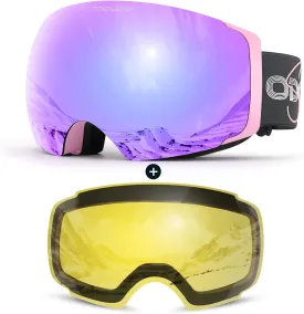 Odoland Magnetic Interchangeable Ski Goggles with 2 Lens, Large Spherical Frameless Snow Snowboard Goggles for Men Women