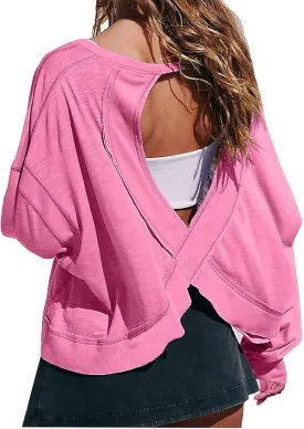 Open Back Tops for Women Trendy Long Sleeve Workout Shirts Backless Gym Yoga Athletic T-shirt Running Crop Tee Top