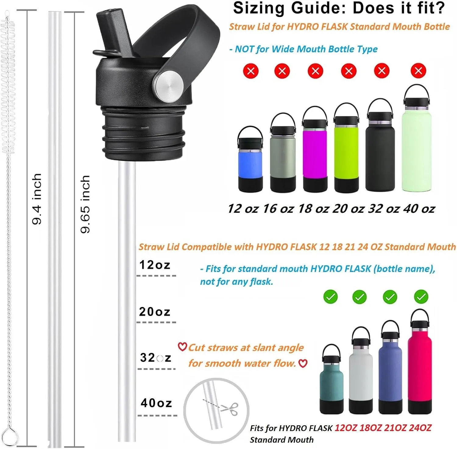 Straw Lid for Hydroflask, Lids with Straw for Hydro Flask 18 21 24 oz Standard Mouth, Replacement Sport Cap for HydroFlask Top Lid with Flexible Handle, Sport Water Bottle Cap Accessories, Black