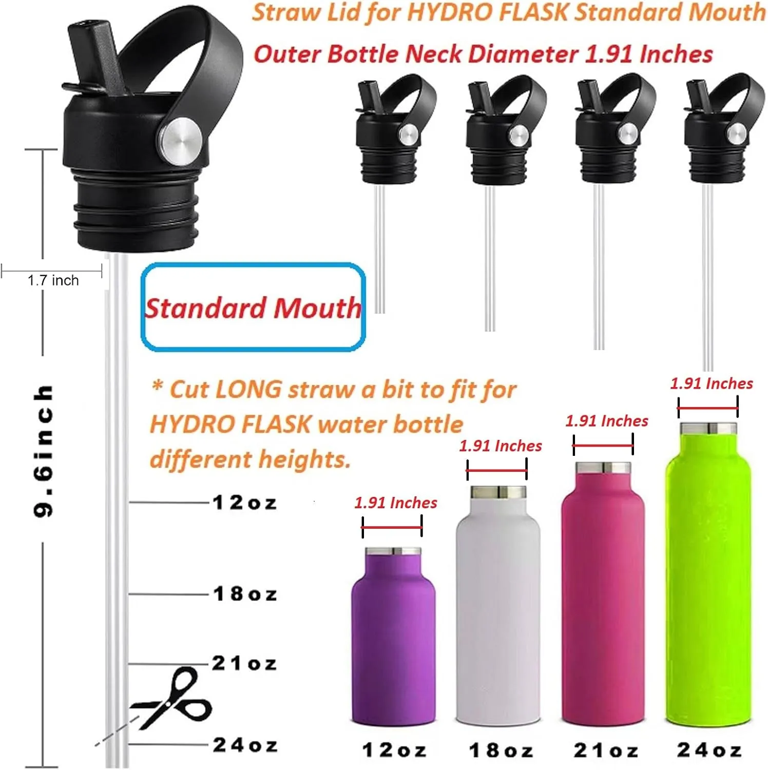 Straw Lid for Hydroflask, Lids with Straw for Hydro Flask 18 21 24 oz Standard Mouth, Replacement Sport Cap for HydroFlask Top Lid with Flexible Handle, Sport Water Bottle Cap Accessories, Black