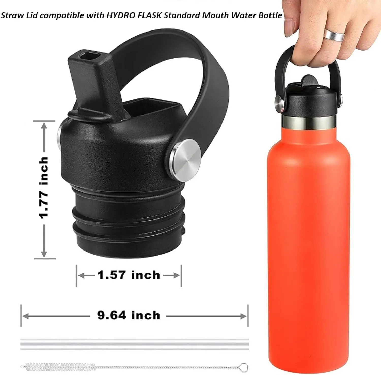 Straw Lid for Hydroflask, Lids with Straw for Hydro Flask 18 21 24 oz Standard Mouth, Replacement Sport Cap for HydroFlask Top Lid with Flexible Handle, Sport Water Bottle Cap Accessories, Black