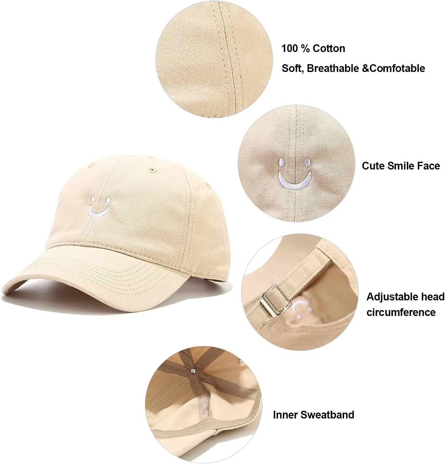 Umeepar Smile Face Baseball Cap for Women Men Adjustable Low Profile Unstructured Cotton Dad Hat