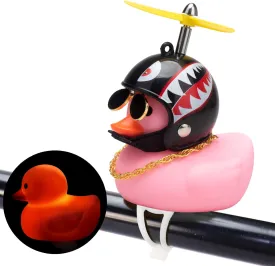 wonuu Rubber Duck Car Ornaments Pink Duck Bike Bell Cute Duck Car Dashboard Decorations Squeeze Duck Bicycle Horns with Propeller Helmet, Bandage and Gold Chain
