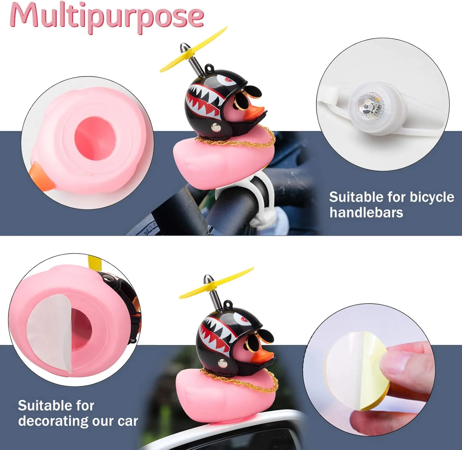 wonuu Rubber Duck Car Ornaments Pink Duck Bike Bell Cute Duck Car Dashboard Decorations Squeeze Duck Bicycle Horns with Propeller Helmet, Bandage and Gold Chain