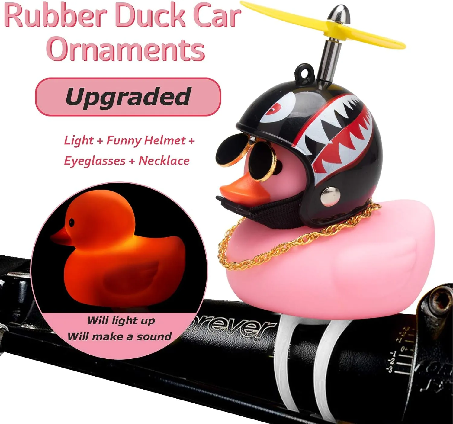 wonuu Rubber Duck Car Ornaments Pink Duck Bike Bell Cute Duck Car Dashboard Decorations Squeeze Duck Bicycle Horns with Propeller Helmet, Bandage and Gold Chain