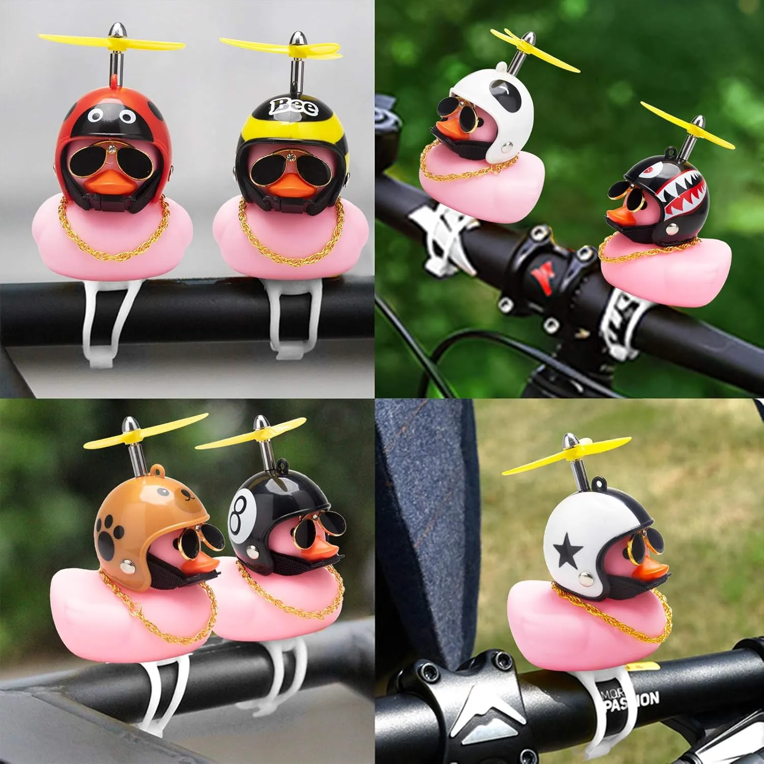 wonuu Rubber Duck Car Ornaments Pink Duck Bike Bell Cute Duck Car Dashboard Decorations Squeeze Duck Bicycle Horns with Propeller Helmet, Bandage and Gold Chain