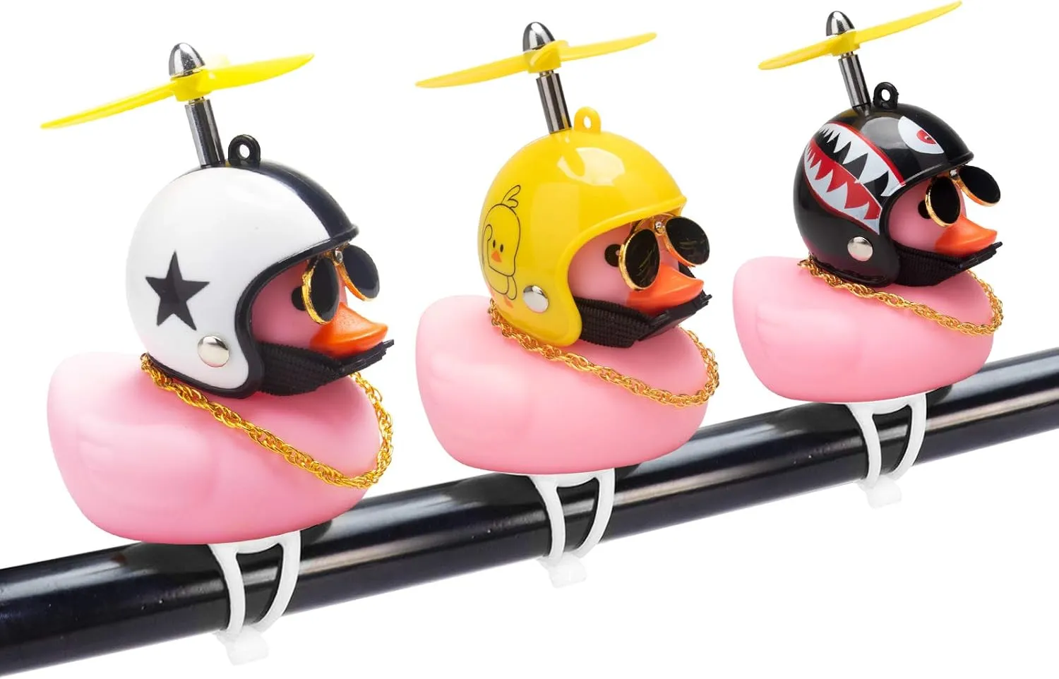 wonuu Rubber Duck Car Ornaments Pink Duck Bike Bell Cute Duck Car Dashboard Decorations Squeeze Duck Bicycle Horns with Propeller Helmet, Bandage and Gold Chain